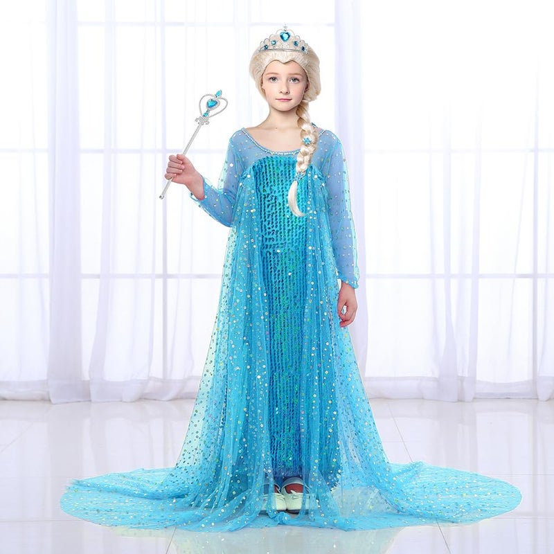 G.C Girls Elsa Frozen Dress Costume Princess Dress Up Clothes with Long Cape Kids Toddler Wig Crown Wand Jewelry Necklace Accessories Halloween Cosplay Birthday Party Supplies - Image 2